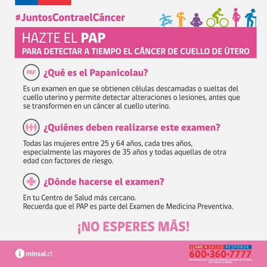 Los invitamos a unirse al Ministerio de Salud Chile en esta cruzada #JuntosContraelCáncer para detectar a tiempo el cáncer de cuello de útero. Hazte el PAP en tu Centro de Salud más cercano.