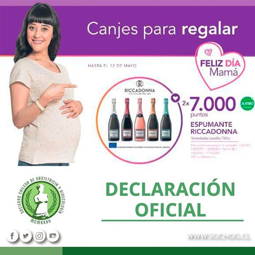 La Sociedad Chilena de Obstetricia y Ginecología, manifiesta su profunda preocupación y rechazo ante la publicidad de una cadena de supermercados fomentando el consumo de alcohol con la imagen de una mujer embarazada en alusión al Día de la Madre.