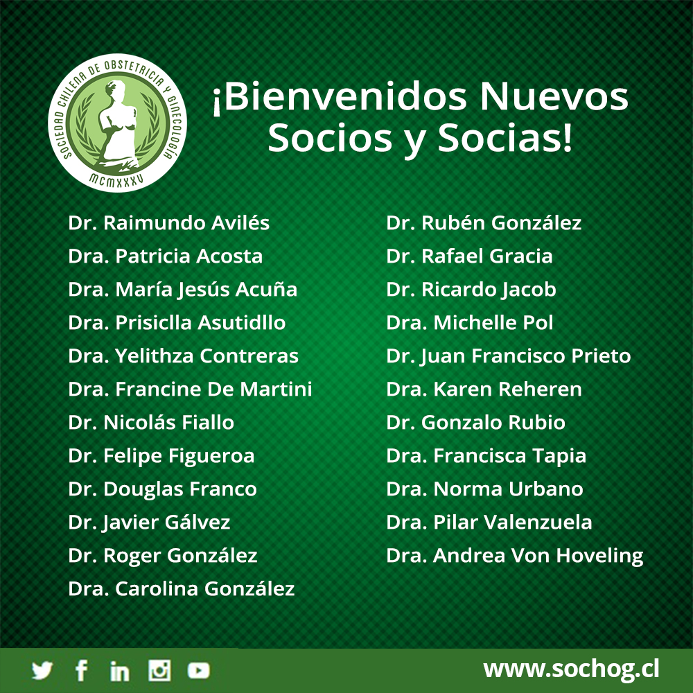 Con mucho gusto anunciamos que 23 nuevos miembros se unieron a nuestra Sociedad Chilena de Obstetricia y Ginecología para colaborar y seguir trabajando en pos de mejorar la salud de la mujer.