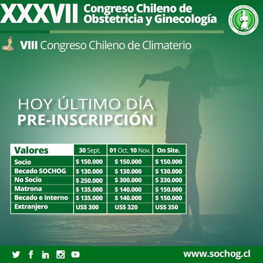Recordamos a toda la comunidad que este lunes vence el primer plazo de pre-inscripción para aprovechar los descuentos del XXXVII Congreso Chileno de Obstetricia y Ginecología.